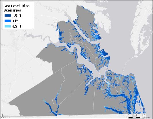 Map of 3 Sea Level Rise Scenarios for the Hampton Roads Region